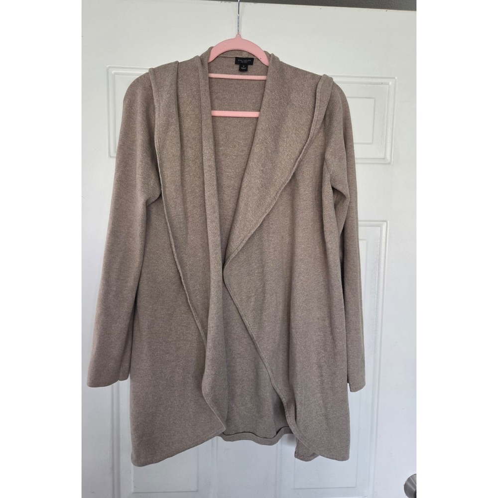 Ann Taylor Factory Tan Hooded Open Front Cardigan Sweater Medium Draped Shawl